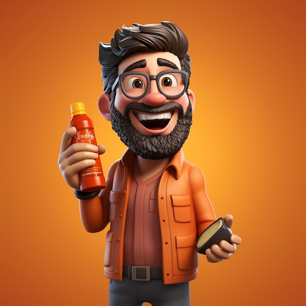 View of 3d man holding bottle and snack