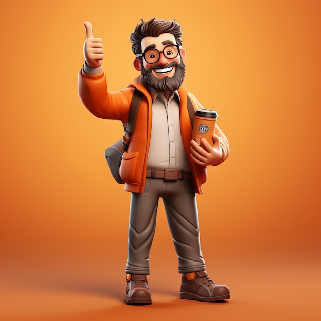 Free photo view of 3d man holding coffee cup and showing thumbs up