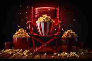 Free photo view of 3d movie director's chair with popcorn