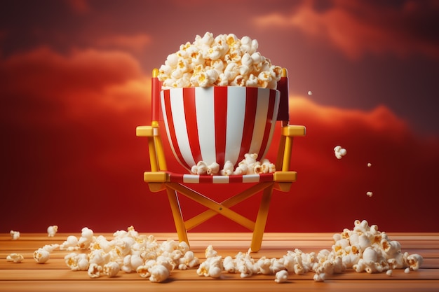 Foto gratuita vista della sedia del regista di un film in 3d con popcorn