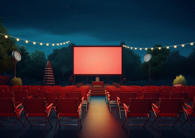 Vista del cinema all'aperto 3d con posti a sedere