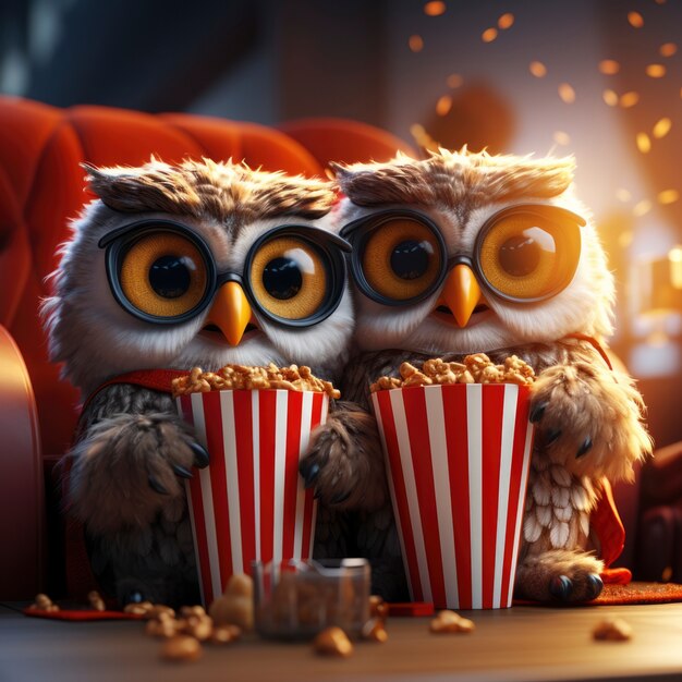 View of 3d owls at the cinema watching a movie