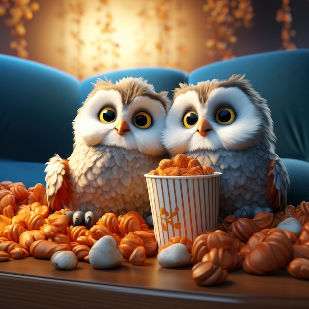 View of 3d owls at the cinema watching a movie