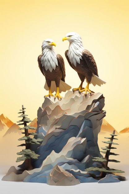 Free photo view of 3d pair of eagles on rock