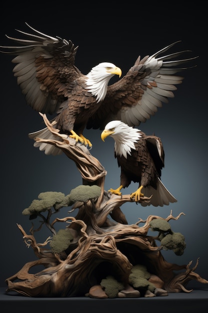 Free photo view of 3d pair of eagles on tree branches