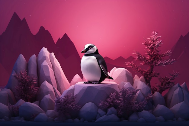 Foto gratuita vista dell'uccello pinguino 3d con paesaggio naturale