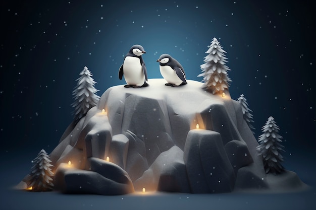 Вид 3d птицы пингвина с природным ландшафтом