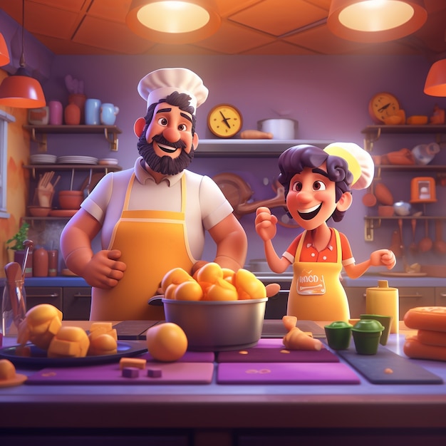 View of 3d people cooking in the kitchen