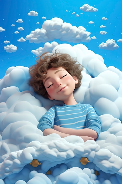 View of 3d person sleeping in clouds