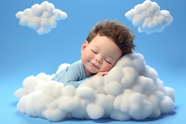 View of 3d person sleeping in clouds