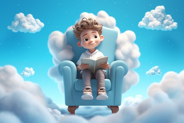ふわふわした雲を持つ3D人形の景色