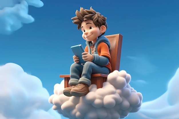 View of 3d person with fluffy clouds