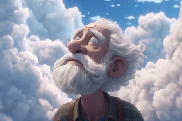 View of 3d person with fluffy clouds