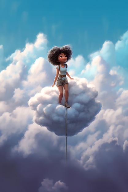 View of 3d person with fluffy clouds
