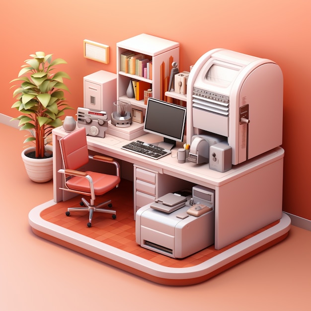 Вид 3D-персонального компьютера с рабочей станцией и офисными предметами