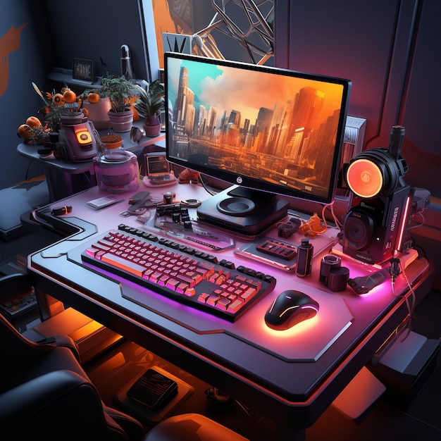 View of 3d personal computer with workstation and office items