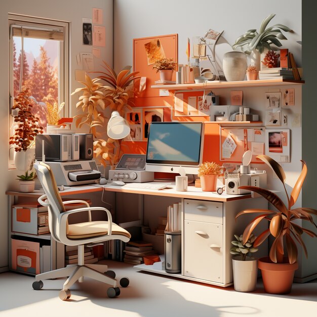 Вид 3D-персонального компьютера с рабочей станцией и офисными предметами