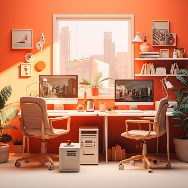 View of 3d personal computer with workstation and office items