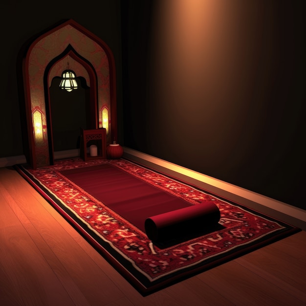 View of 3d place with mat for praying