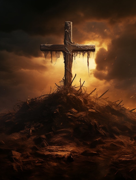 View of 3d religious cross with apocalyptic scenery