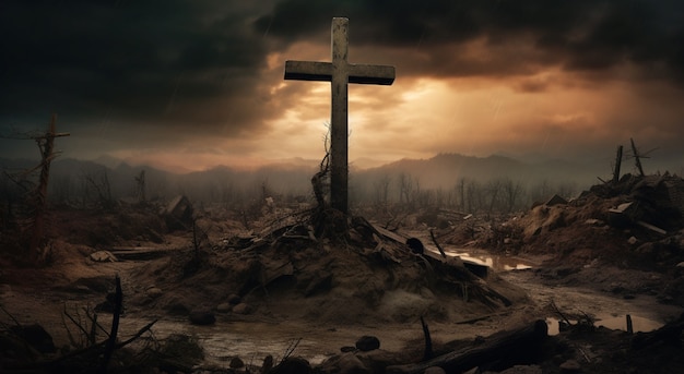 Вид на трехмерный религиозный крест с апокалиптическим пейзажем
