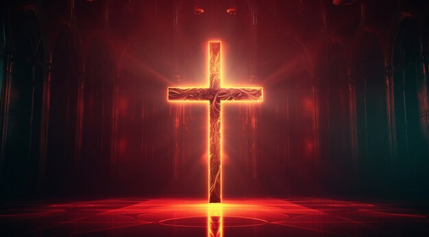 View of 3d religious cross with neon light