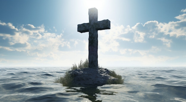 Free photo view of 3d religious cross with sea