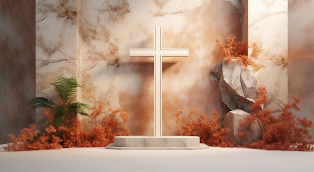 Foto gratuita vista della croce religiosa 3d con vegetazione