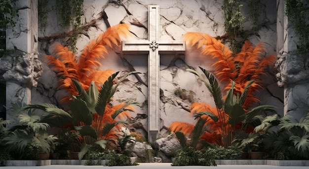 View of 3d religious cross with vegetation
