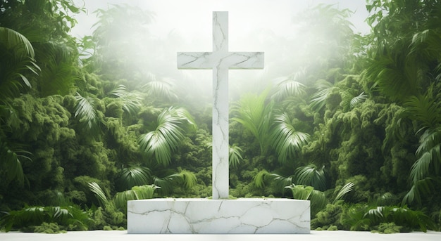 View of 3d religious cross with vegetation