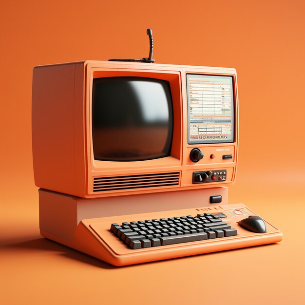 View of 3d retro computer with cathode-ray tube