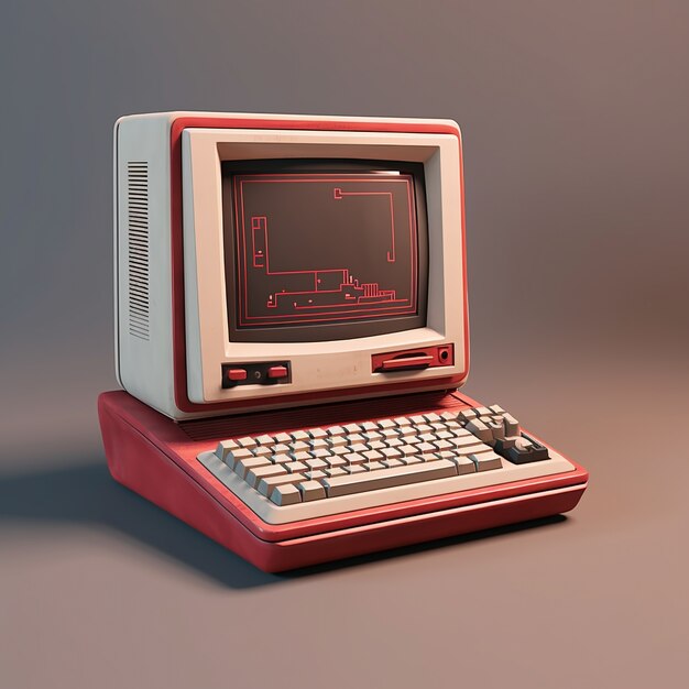View of 3d retro computer with cathode-ray tube