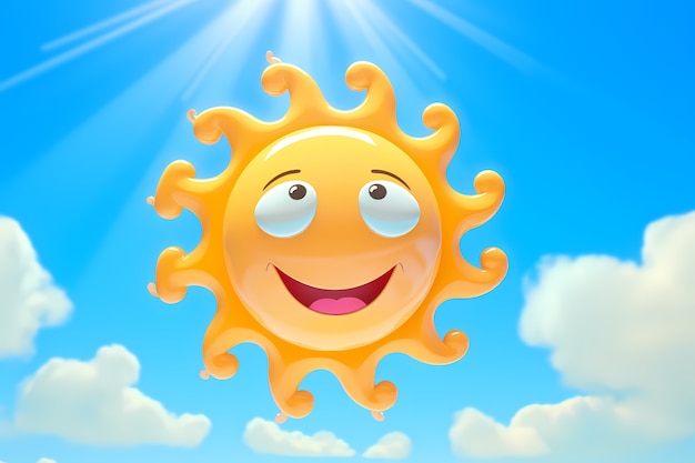 Free photo view of 3d smiley and happy sun with sky background