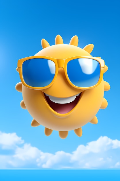 Vista dello smiley 3d e del sole felice con lo sfondo del cielo