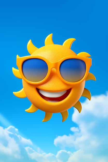 Free photo view of 3d smiley and happy sun with sky background