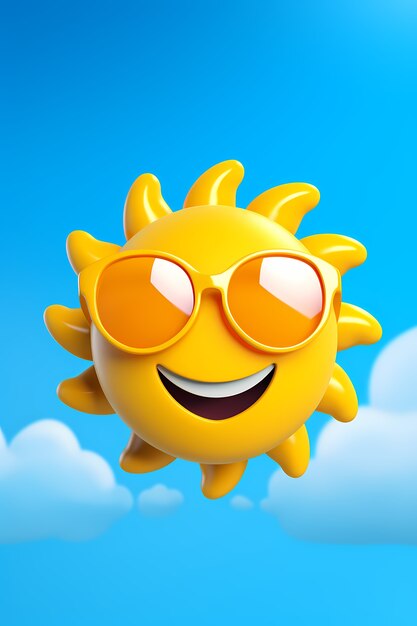 하늘 배경으로 3d 웃는 얼굴과 행복한 태양의 모습