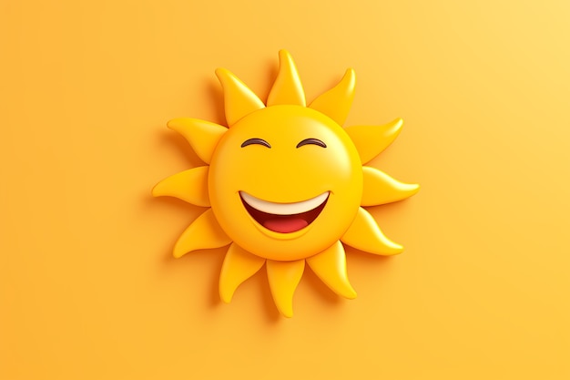 노란색 배경의 3d 웃는 얼굴과 행복한 태양의 모습