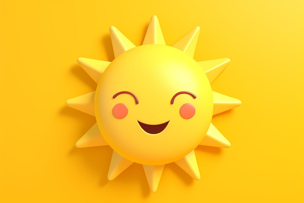 黄色の背景に 3 d のスマイリーと幸せな太陽のビュー