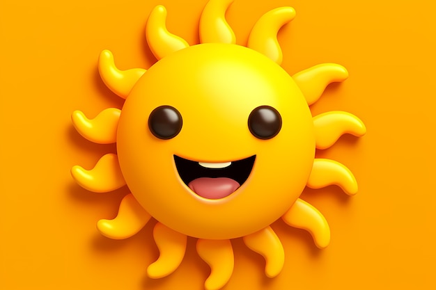 Vista dello smiley 3d e del sole felice con sfondo giallo