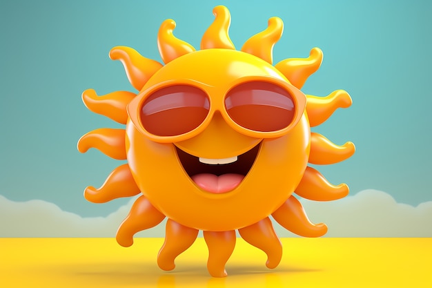 Foto gratuita vista dello smiley 3d e del sole felice con sfondo giallo