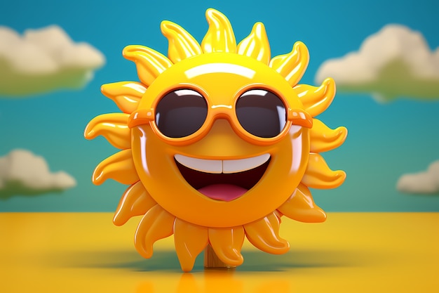 View of 3d smiley sun with sky background