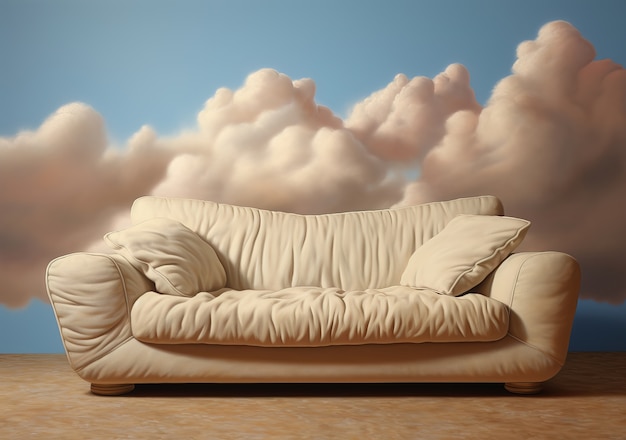 雲のある3Dソファの眺め