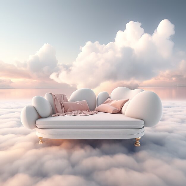 View of 3d sofa with fluffy clouds