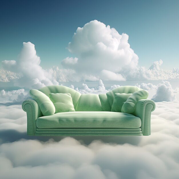 Вид 3d дивана с пушистыми облаками