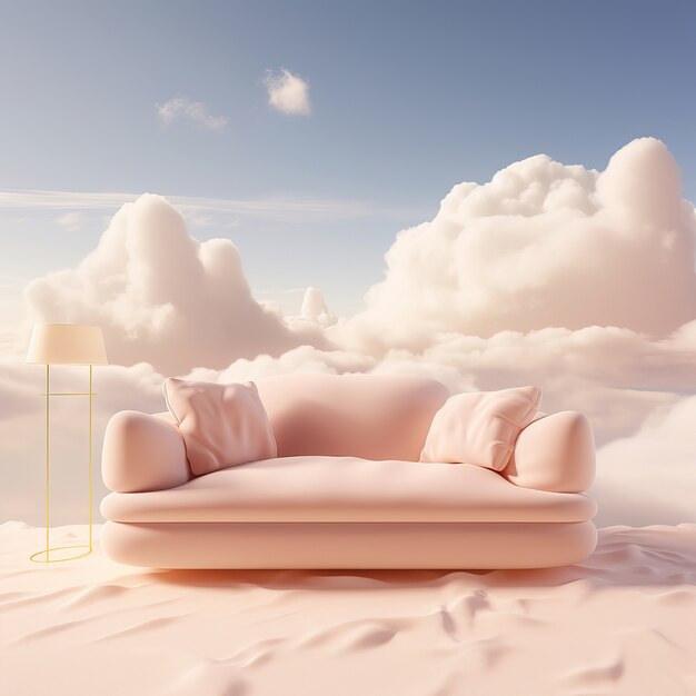 View of 3d sofa with fluffy clouds