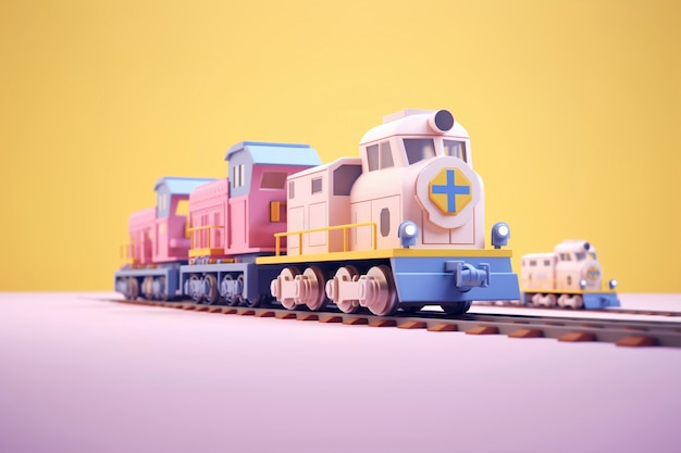 Вид 3D-модели поезда с простым цветным фоном