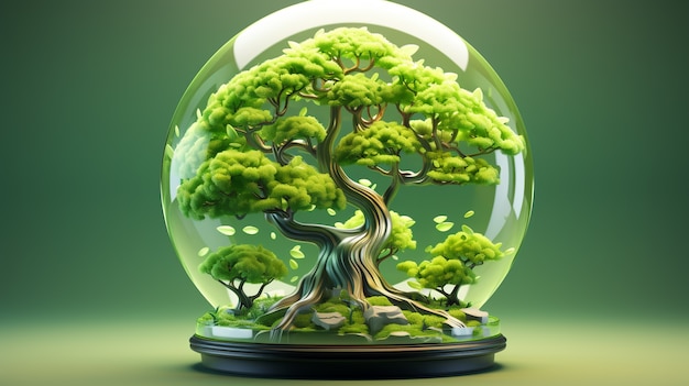 View of 3d tree in clear glass globe