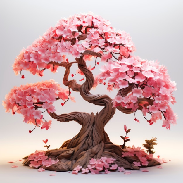 View of 3d tree with beautiful branches and pink leaves