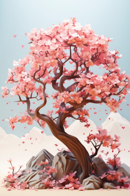 Вид на 3d дерево с красивыми ветвями и розовыми листьями