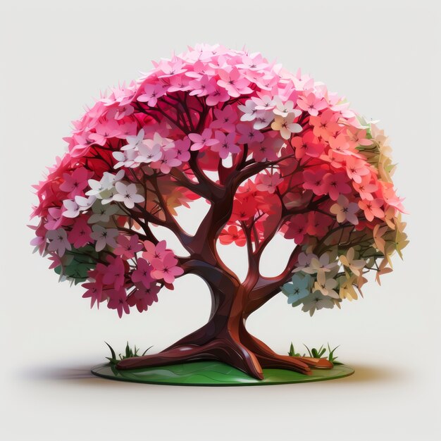 View of 3d tree with beautiful branches and pink leaves